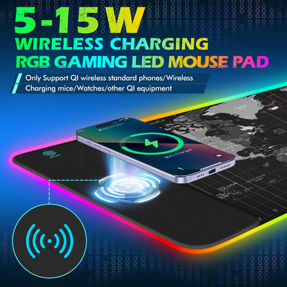 ToLuLu RGB Gaming Wireless Charging Mouse Pad, 5/7.5/10/15W 10 Light Modes LED Mouse Pad Computer Keyboard Mat Mousepad, 800x300x4MM Extended Large Desk Mat for Gaming, MacBook, Laptop, PC, Galaxy
