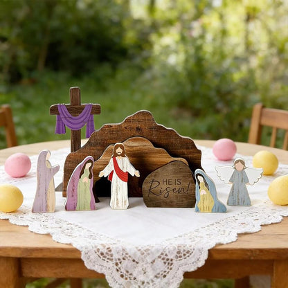ZOUNYIN Empty Tomb Easter Scene Cross Decoration, Wooden Resurrection Tabletop Decor Set for Religious Home, Office, Shelf & Farmhouse Display