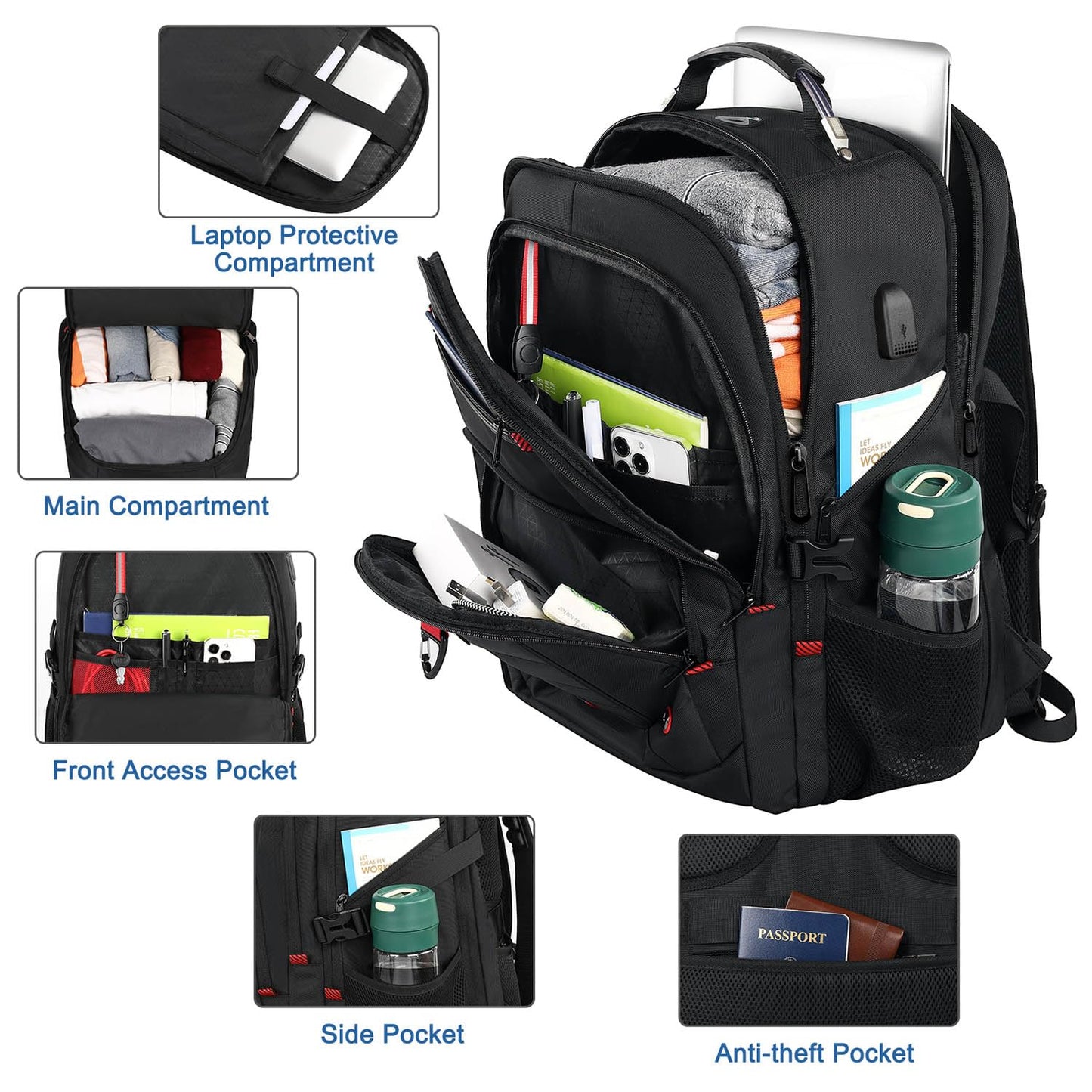 Z-MGKISS Extra Large Travel Backpack, 52L TSA Backpack 17.3 Inch, Anti-Theft 17 Inch Big Business Laptop Backpack for Men & Women, Water Resistant College Rucksack Bag with USB Port, Black