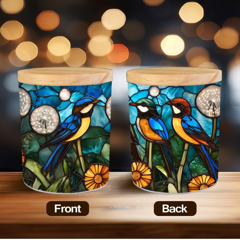 Stained Glass Birds Tea Light Candle Holders, Dandelion Flowers Tealight Candle Holder Jar with Wooden Lid, Bird Votive Candlesticks for Table Centerpieces, Christmas,Birthday Party,Home Decor