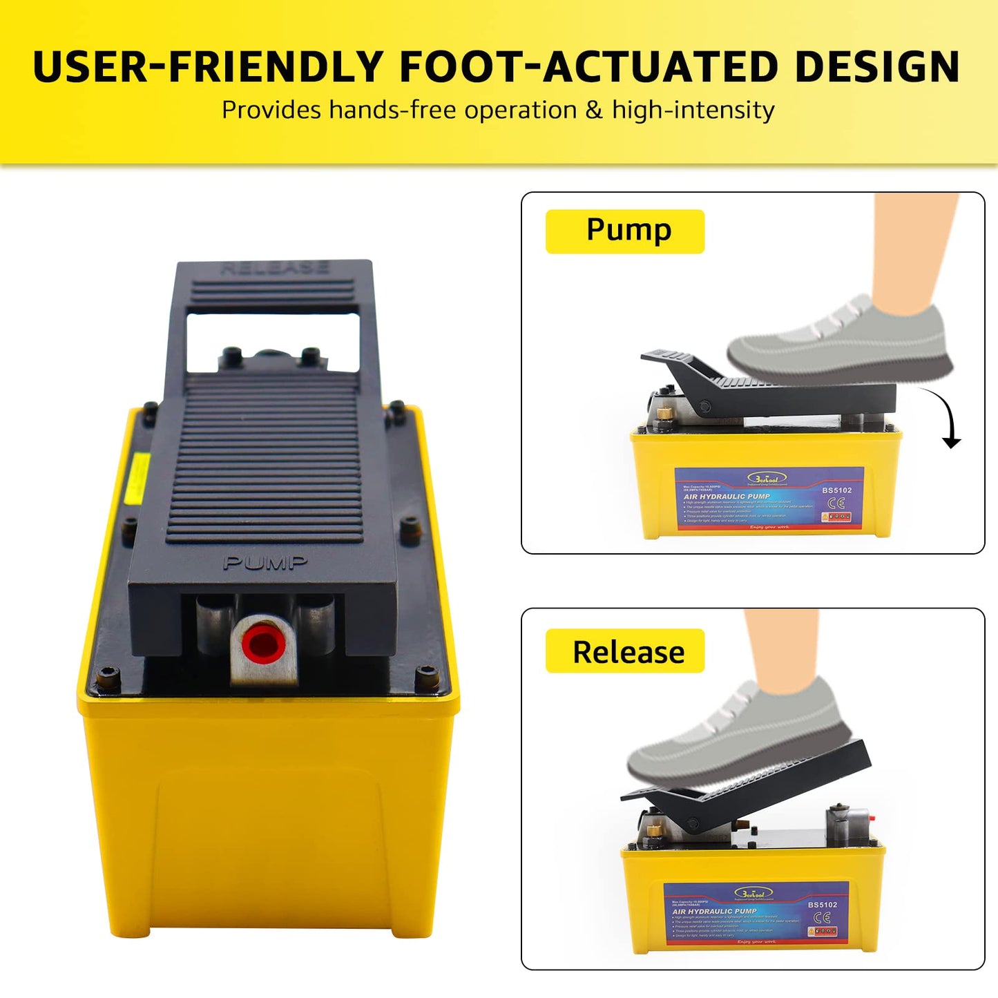 BESTOOL Air Hydraulic Pump, 10,000 PSI 1/2 Gal Reservoir, NPT 3/8" Oil Outlet, 2PCS Quick Connector, Foot Actuated Hydraulic Pump Air Treadle for Auto Body Frame Machines and Pulling Post, Yellow