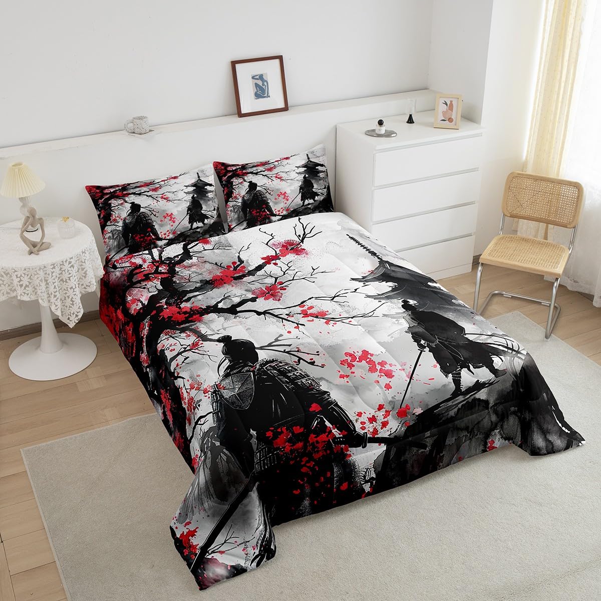 Feelyou Japanese Samurai Comforter Set Queen Size Kids Ukiyoe Comforter for Boys Girls Cherry Blossoms Bedding Set Japanese-Style Duvet Set