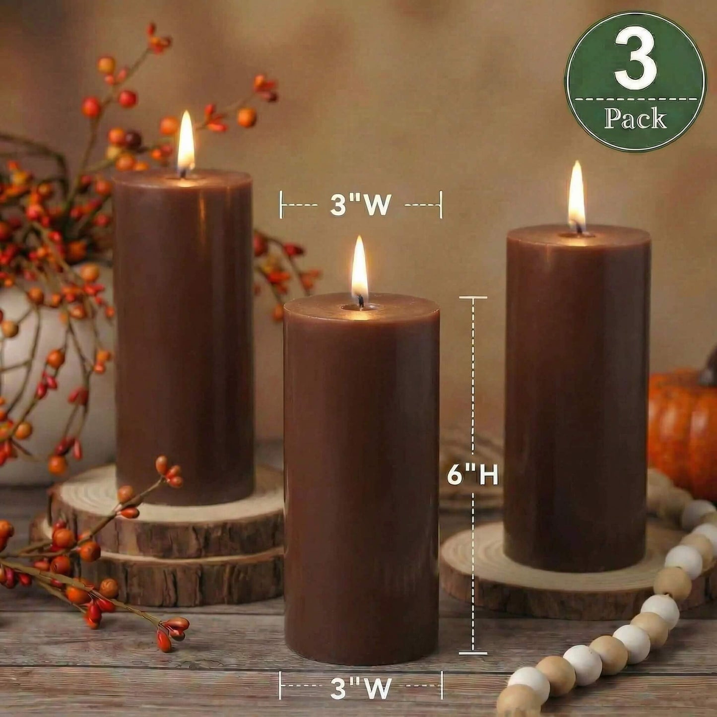 Richland Set of 3 Brown Pillar Candles 3" x 6" Unscented for Weddings Fall Decor Thanksgiving Home Holidays Relaxation Spa Church