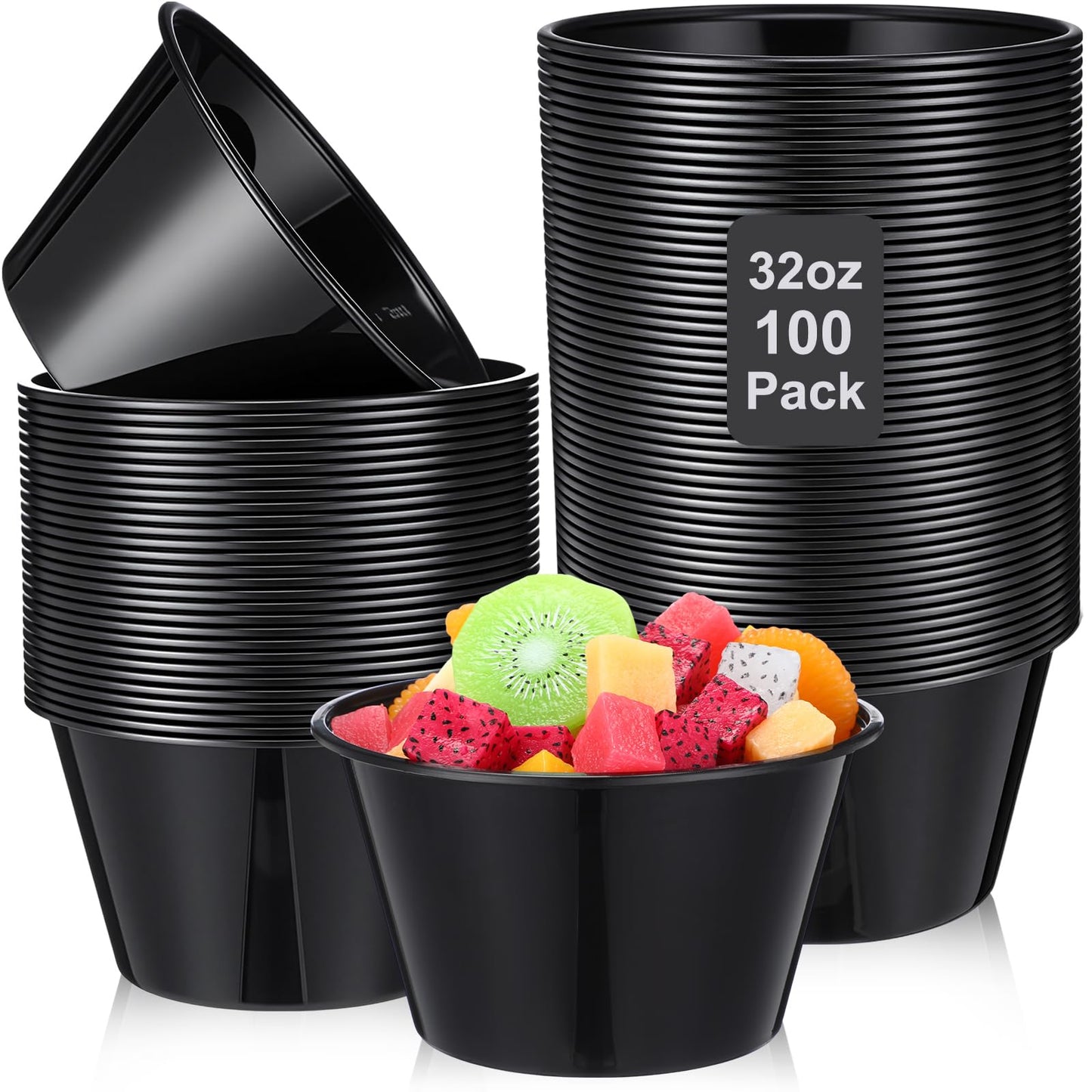 Newtay 100 Pcs 32 Oz Disposable Plastic Bowls Stackable Salad Bowls Large Serving Soup Tableware Candy Bar Containers for Party Salad Bar Buffet Serving (Black)