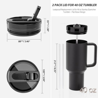 CeleVista 2 Pack 40 oz Flip Straw Lid for STANLEY Quencher ProTour and H2.0 FlowState Tumbler(Only for STANLEY Tumbler), Leakproof Lid, No Spill & Easy to Use Reusable Cover (Black)