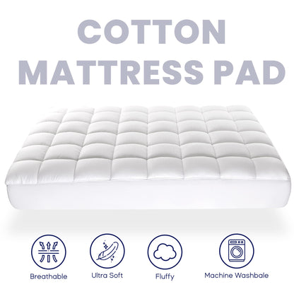 SLEEP ZONE Cotton Mattress Pad Twin XL College Dorm Bedding, Soft Fluffy Cotton Top Mattress Topper, Machine Washable Mattress Protector Cover Fits 8-21 inch Deep Pocket, Twin XL