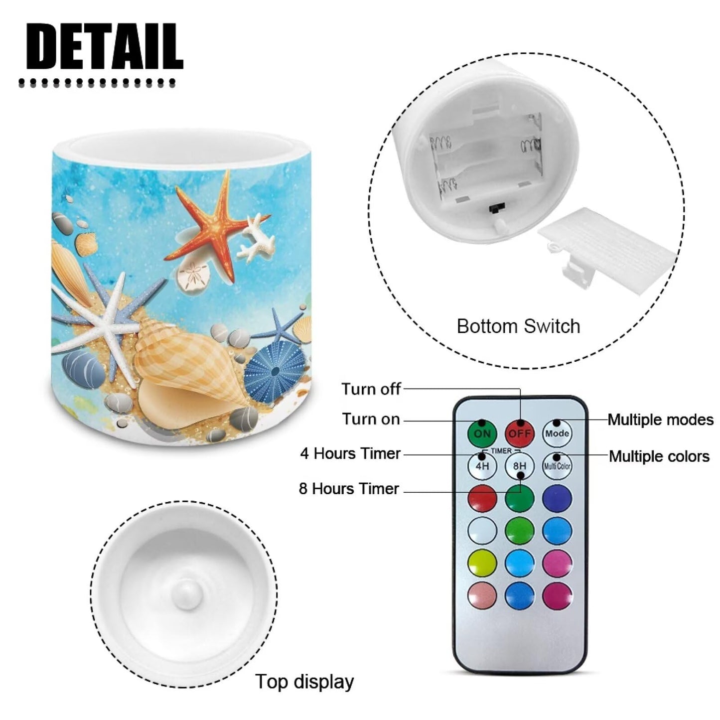 NETILGEN 4 Packs Flameless Candles with Remote Timer Color Changing Realistic Flickering Flameless Candles Set of 4 Battery Operated Candles Beach Seashell Starfish Print