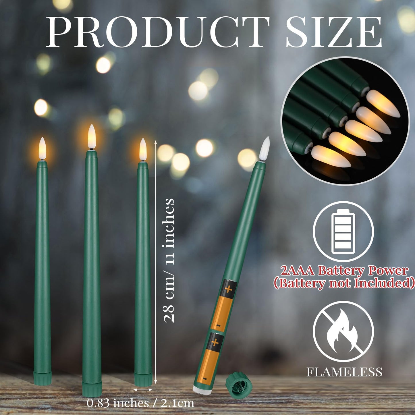 Macarrie 24 Packs Flameless Taper Candles Battery Operated Fake 11 Inch Long Candlelight LED Flameless Candlesticks Flickering Tapered for Spring Summer Wedding(Green)