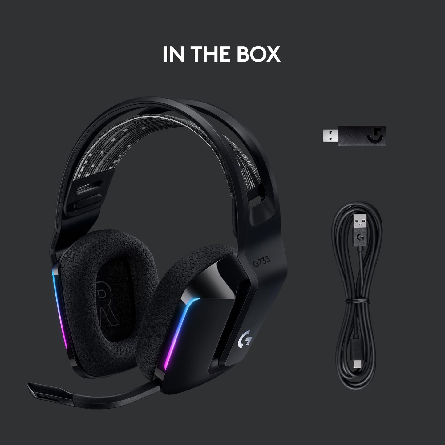 Logitech G733 Lightspeed Wireless Gaming Headset with Suspension Headband, LIGHTSYNC RGB, Blue VO!CE mic Technology and PRO-G Audio Drivers, Lightweight, 29 Hour Battery Life, 20m Range - Black