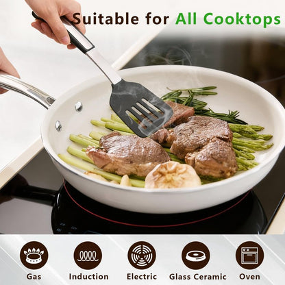 SAKAMOSH 8" Ceramic Frying Pan Nonstick, Small Skillet, Cooking Pan Non Toxic with Stay Cool Handle for Induction, Chef's Pan, PTFE & PFAS & PFOA Free, Dishwasher/Oven Safe, White