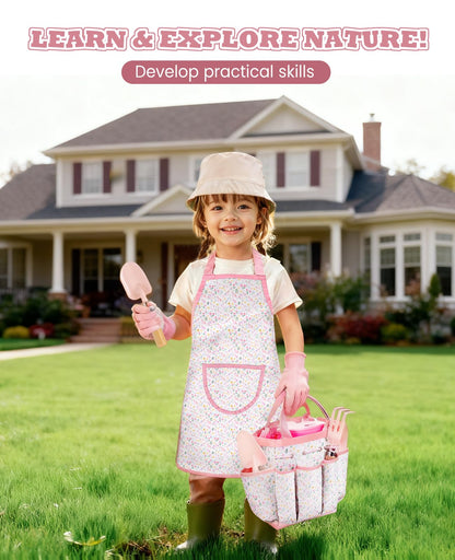 Kids Gardening Set, Gardening Tools Kit for Kids and Toddler, Includes Wooden Rake, Two Shovels, Gloves, Watering Can, Apron, and Tote Bag, Outdoor Toys for Girl Boy, Pink