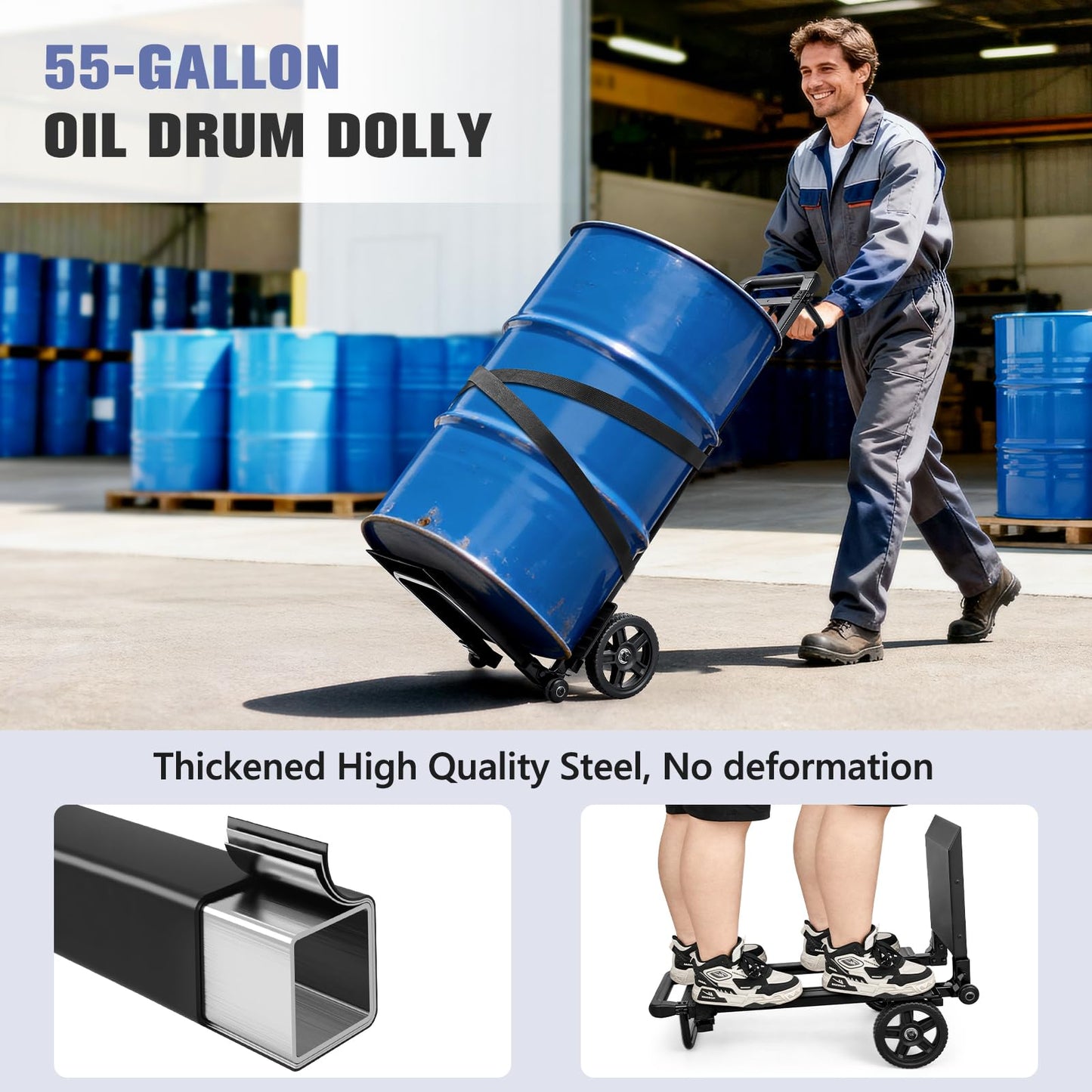 KEDSUM 55 Gallon Drum Dolly, Plant Dolly with Wheels, Heavy Duty Oil Drum Trolley with Adjustable Eagle Beak Fixation & Strap, Ideal for Oil Barrel & Plant Pots Use, Height 47.2 inch, Easy to Fold