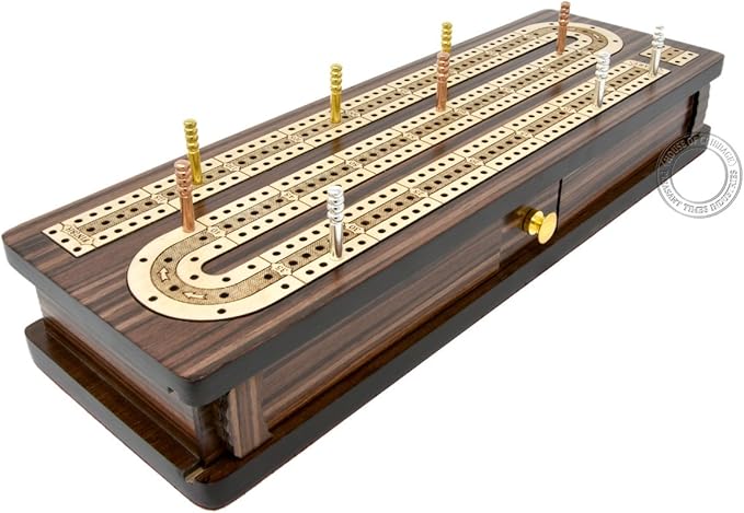 House of Cribbage - Continuous Cribbage Board/Box Inlaid in Rosewood/Maple 12 - 3 Tracks - Sliding Lid Drawer