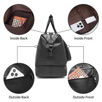 Pu Leather Travel Duffle Bag, Overnight Weekender with Shoe Compartment - Large Gym Bag for Men & Women - Black