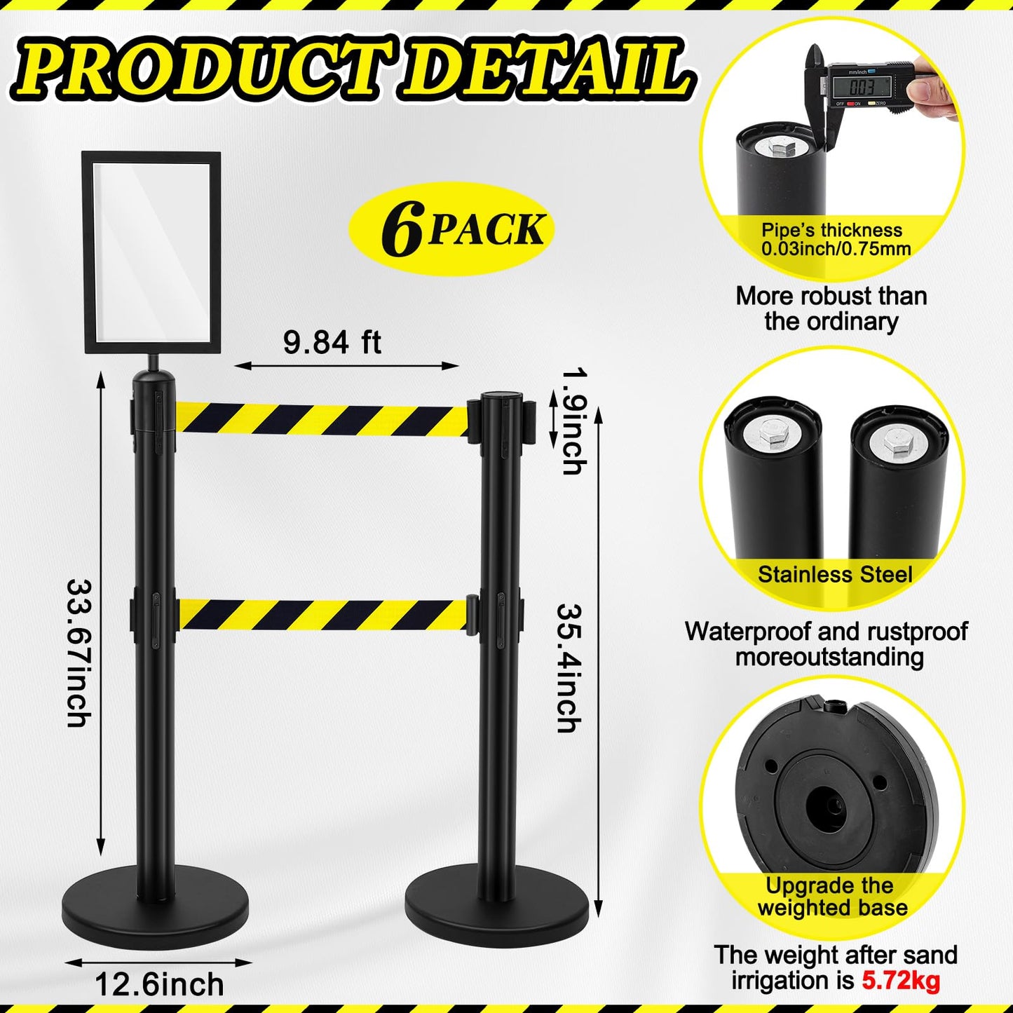 Therwen 6 Pcs Crowd Control Stanchions Set, Double Retractable Safety Belt, Heavy Duty Stainless Steel Crowd Control Barrier, Solid Metal Base, Easy Connect Assembly (9.8 ft,Black and Yellow)