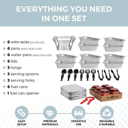 Alpha Living 6 Pack - Disposable Chafing Dish Buffet Set, Half Size Pans, Welded Body Food Warmers for Parties, Fuel Cans Complete Set, Warming Trays
