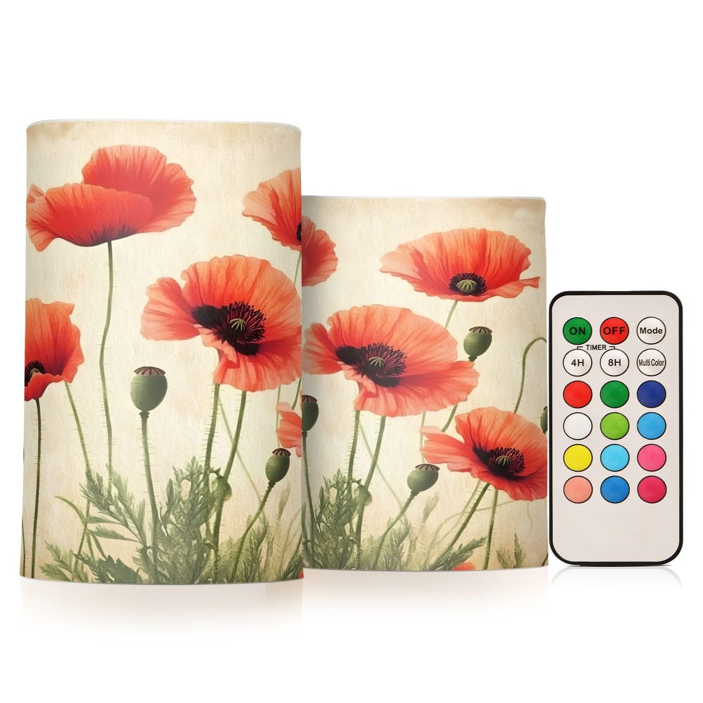 ALAZA Flickering Flameless Candles Red Poppy Flower Poppies Battery Operated Candles with Remote Timer LED Pillar Votive Candles Set of 2 for Holiday Decor