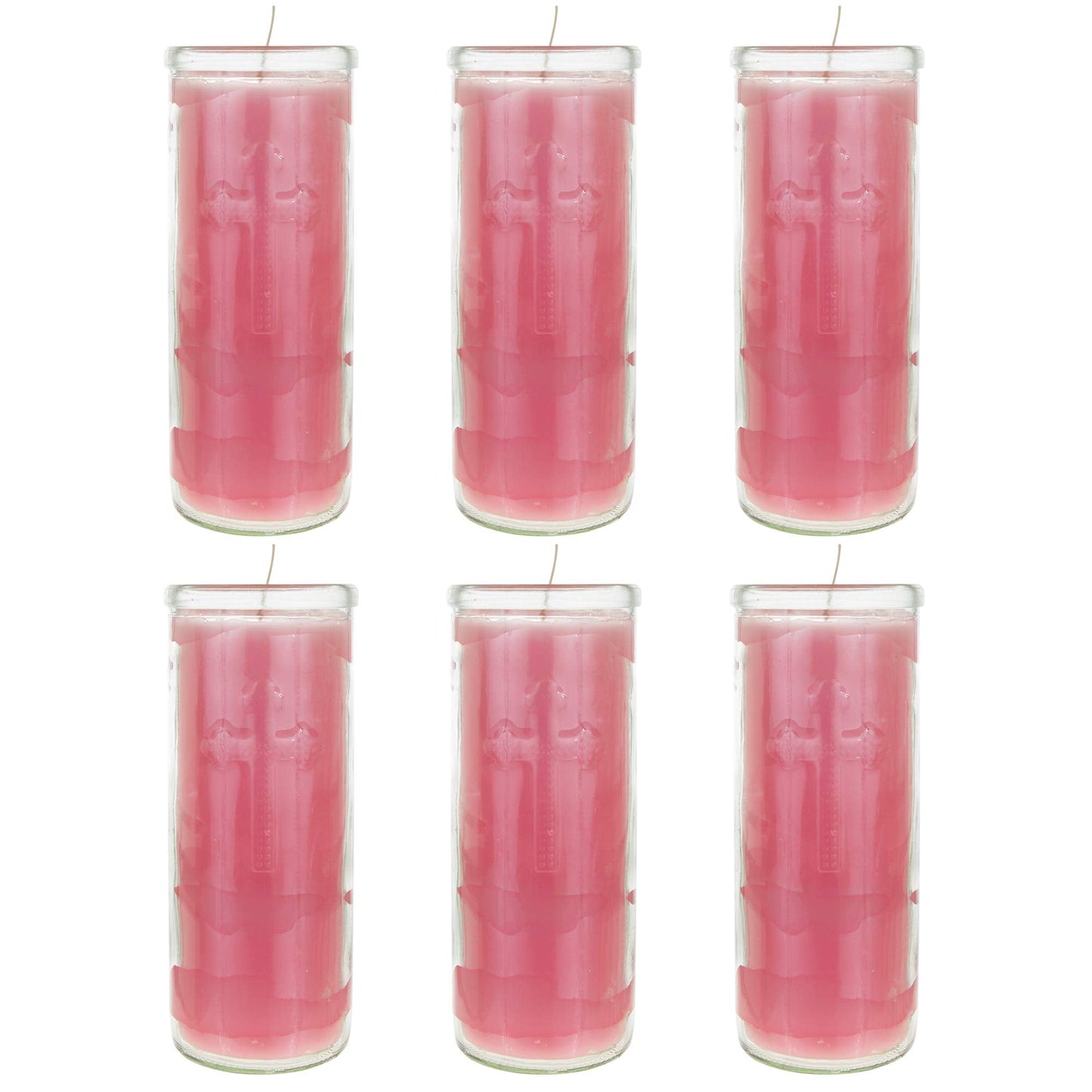 Mega Candles 6 pcs Unscented Pink Dual Cross Glass Container Altagraciano Devotional Prayer Candles, Premium Wax Candle 3 Inch x 7.25 Inch, Sanctuary, Vigils, Prayers, Blessings, Religious, Memorials