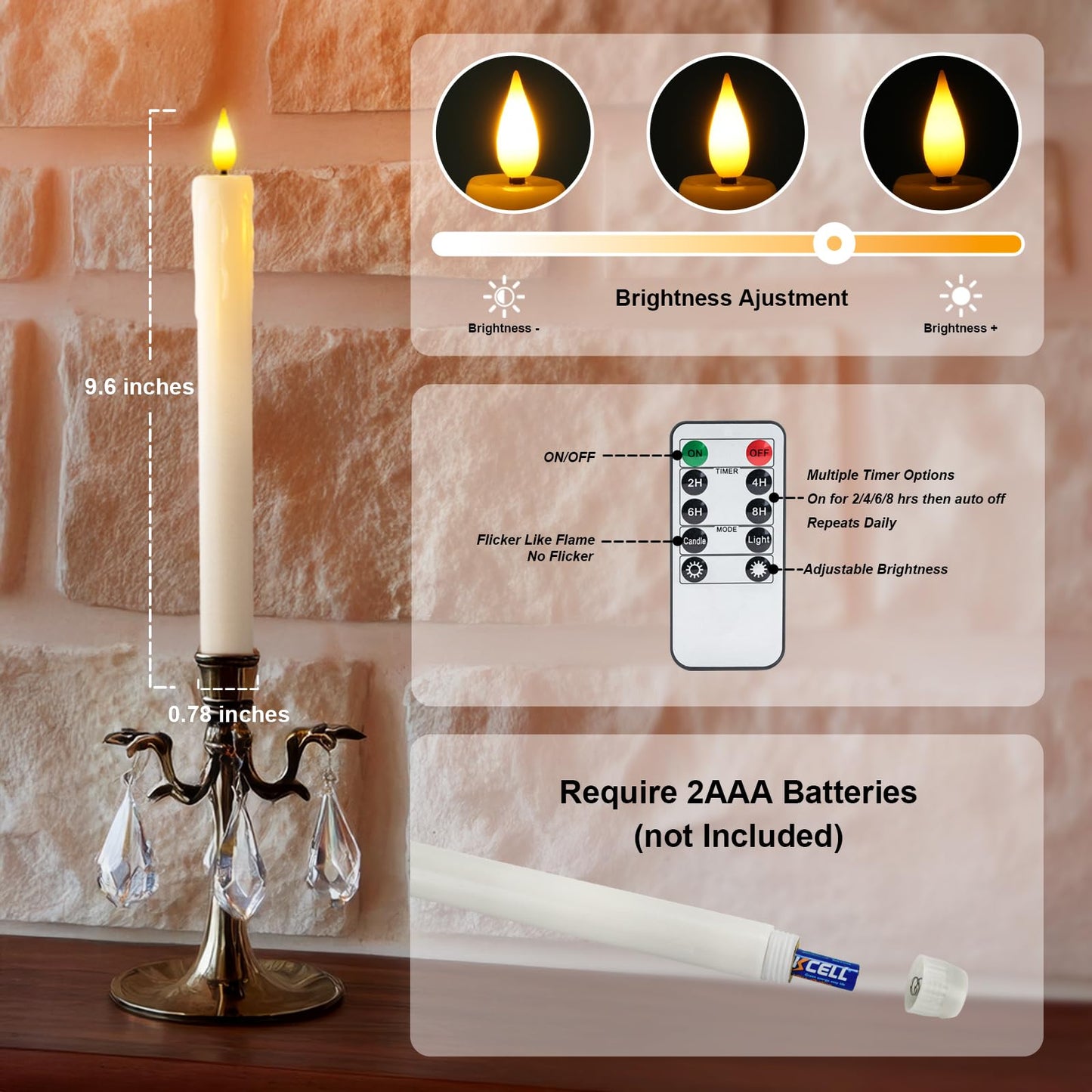 Homemory 24 Pcs Real Wax Flameless Taper Candles with Remote Timer and Dimmer, Battery Operated Candlesticks with Flickering Light, White Window Candles, 9.6 Inches for for Wedding Home Decor