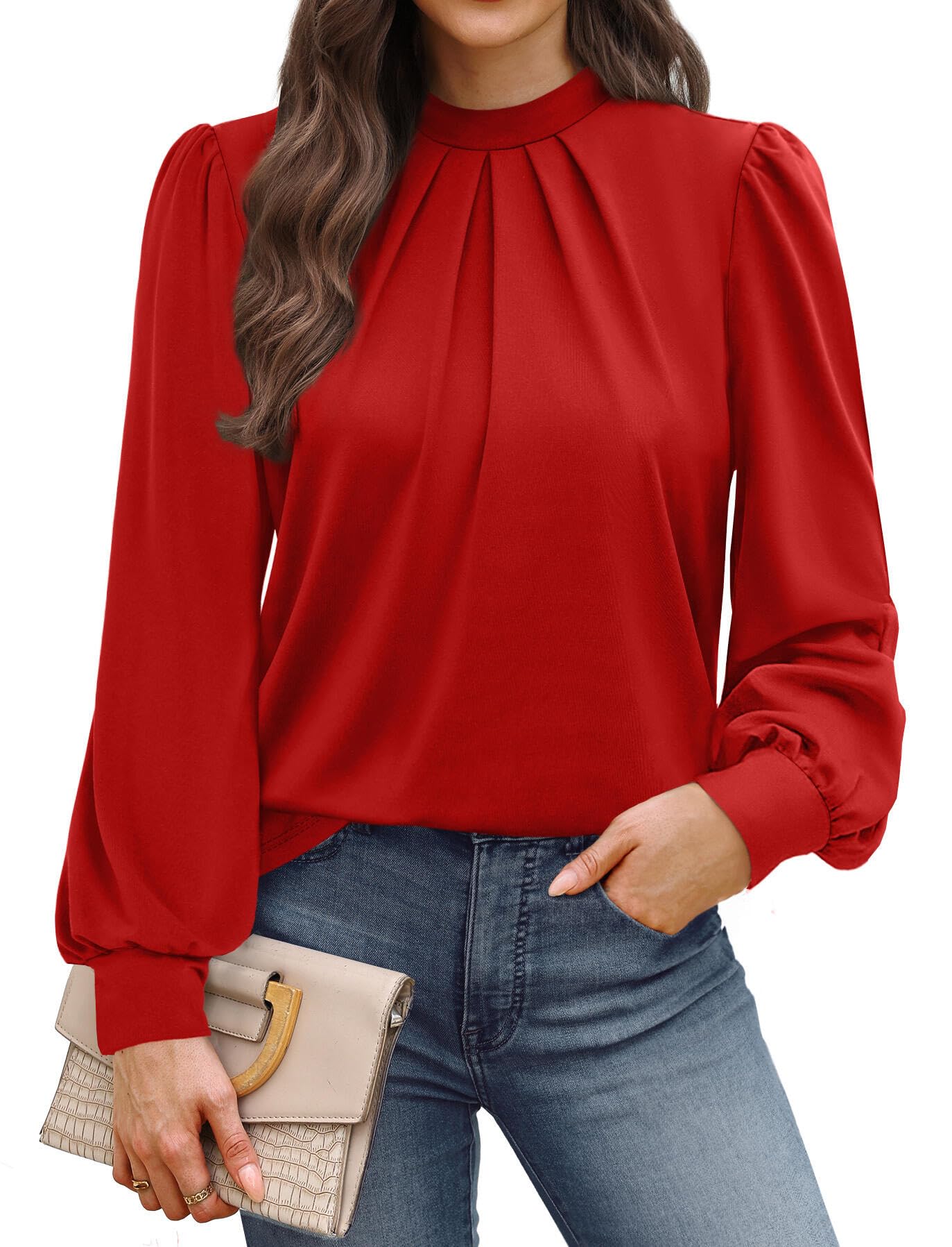 WIHOLL Long Sleeve Shirts for Women Mock Neck Tops Pleated Front Blouses Dressy Casual Fall Clothes 2025 Fashion