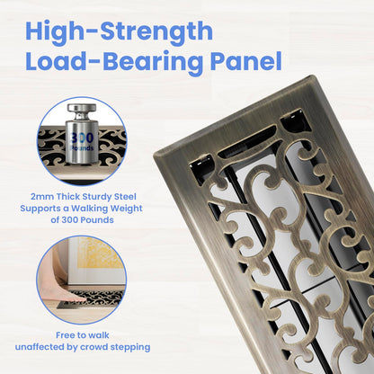 Howeall 4x10 Inches Heavy Duty Walkable Floor Register - Easy Adjust Air Supply Lever Decorative Floor Vent Covers - Savannah Design Vent Covers for Home - Antique Brass