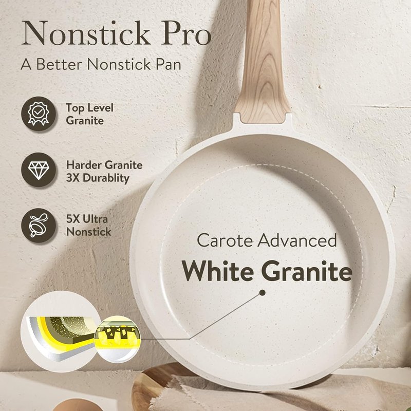CAROTE Non Stick Frying Pans Set,Nonstick Granite Fry Pan Egg Pan Omelet Pans, Stone Cookware Chef's Pan, PFOA Free,White Granite, 8"+10"+12"