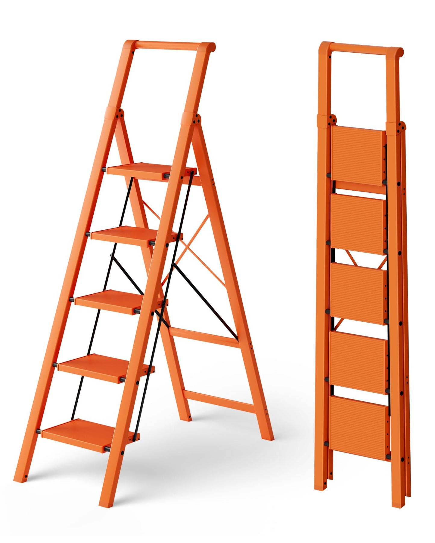 HillhutApex 5 Step Foldable Aluminum Step Ladder with Handgrip, Anti-Slip Pedal, 330 lbs Capacity, Lightweight & Portable for Home, Kitchen, Office, Garage (Orange)