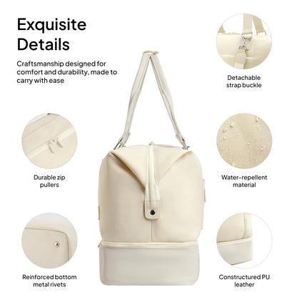 Travel Duffle Bag for Women, 40L Weekender Bags Airline Approved Carry On with Shoe Compartment & Waterproof Wet Pocket, Durable Nylon Weekender Overnight Bag for Travel, Gym, Business Trip, Beige