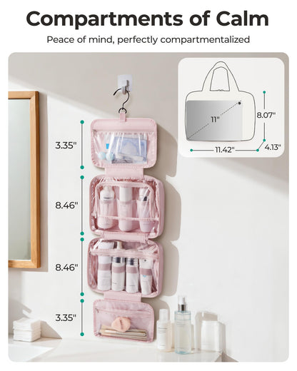BAGSMART Travel Toiletry Bag for women, Portable Hanging Hook Makeup Bag Organizer, Waterproof Makeup Cosmetic Bag, for Full-Size Accessories, Toiletries, Pink