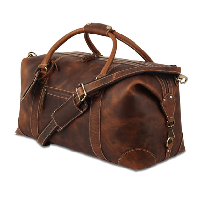 KomalC Leather Travel Duffle Bags for Men and Women Overnight Weekend Bag, Sports Gym Duffel (Dark Tan)