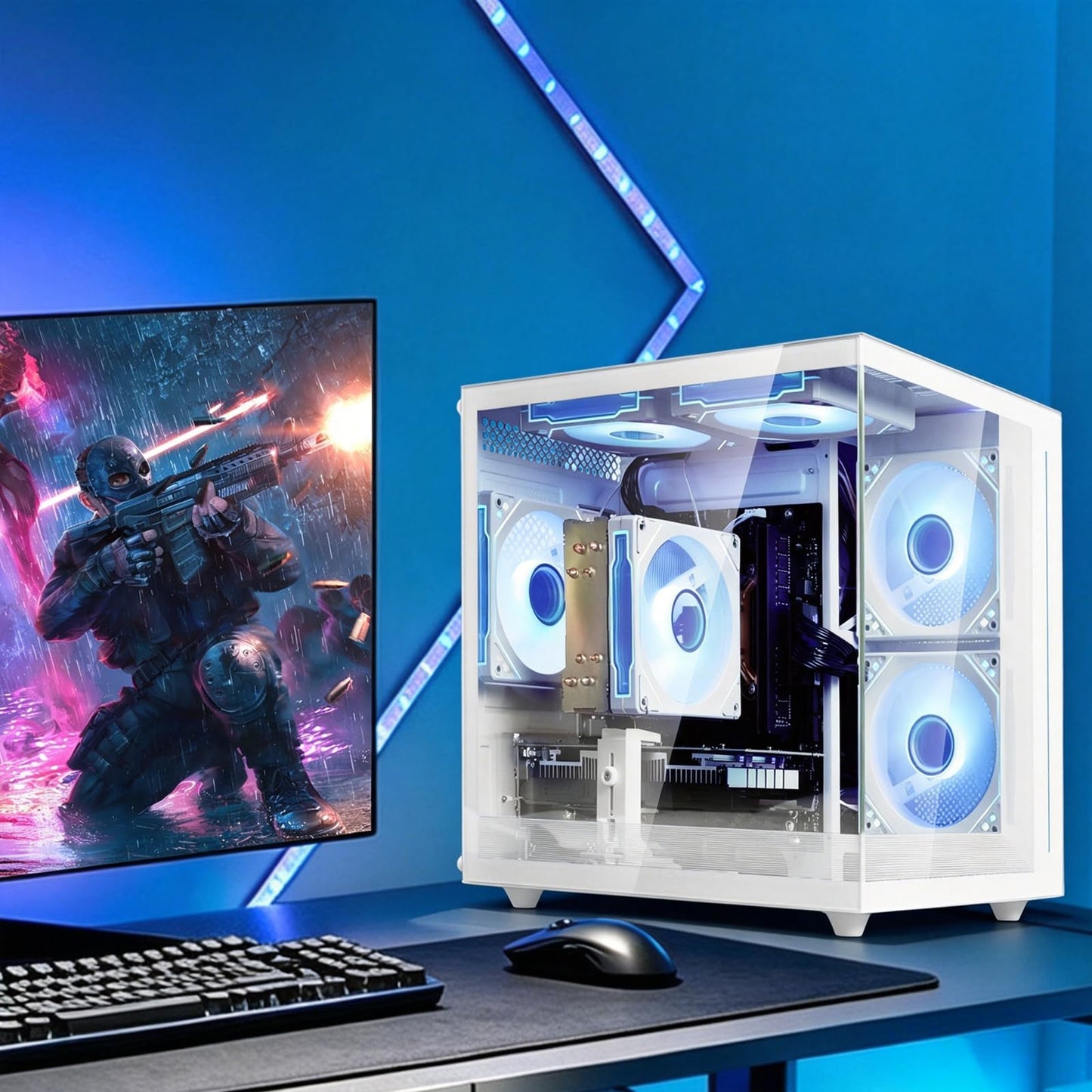 suevery Pre-Built Gaming PC | DDR4 16G RAM | AMD Ryzen5 5500 6Cores 3.6G Up to 4.1G | M.2 512G SSD | RX 6500XT 4G | WiFi 6 White Desk top Computers 4K Pro