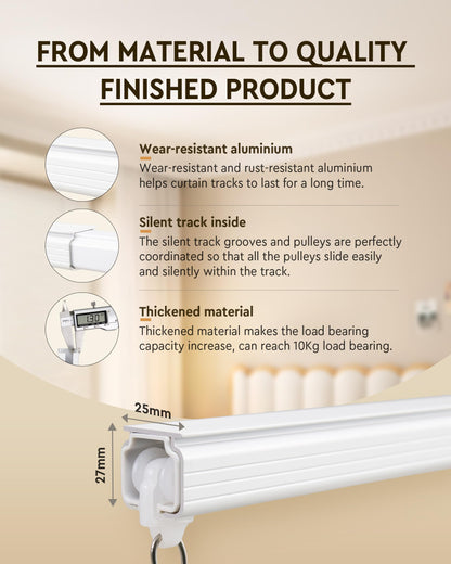 Ezcasch Ceiling Curtain Track Set, Ceiling or Wall Mount 6ft - 9ft, Aluminum Heavy-Duty Curtain Rails, Room Divider Curtain Track for Bedroom, With Silent Slide, Clips and Hooks，White