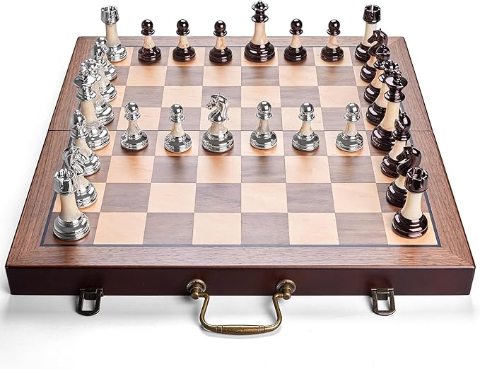 Deluxe Chess Set 16.5'' Wooden Large Folding Chess Board Game with Handle Weighted Acrylic Chess Pieces - 3.5 King with Storage Slots for Beginners Professional Players