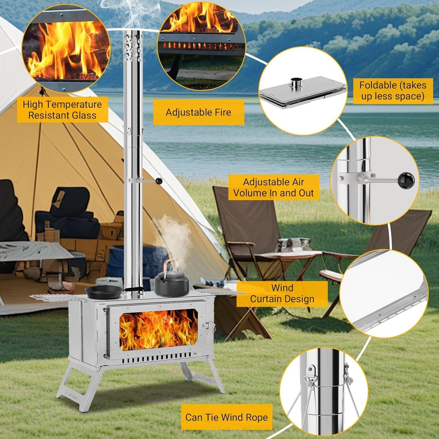 Stainless Steel Camping Tent Stove with Pipe & Bag, Portable Wood Burning Stove for Outdoor Cooking, Hot Tent, Backpacking, Firewood, Folding Camp Wood Stove for Camping with Grill