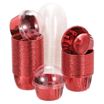 uxcell 50 Pcs Double-sided Aluminum Foil Cupcake Liners with Lids, Greaseproof Muffins Baking Cupcakes for Wedding Birthday Party Decoration, Red (Round)
