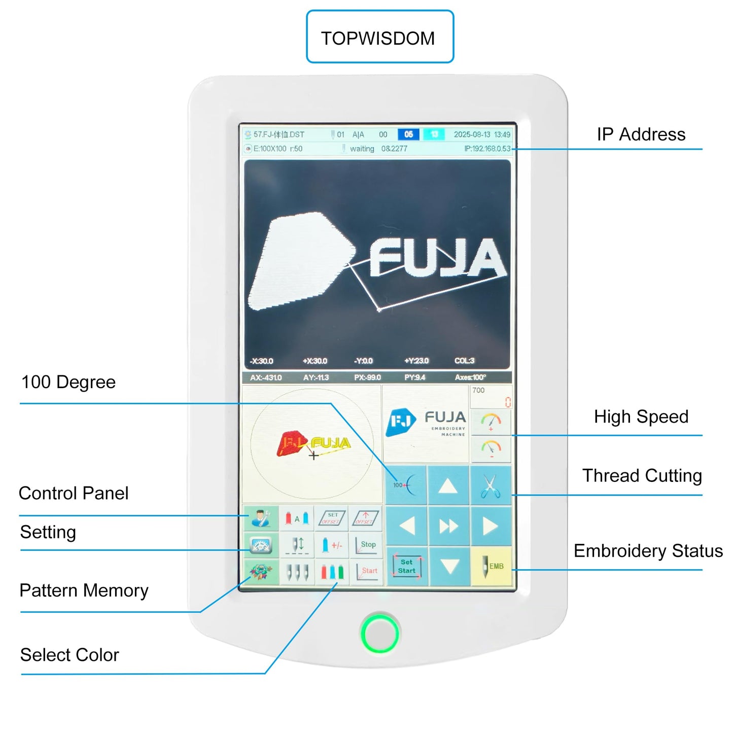 FUJA Embroidery Machine with 2 Heads 15 Needles 1200 SPM Max Speed 10" Touch Screen Embroidery Area 15.7" × 19.7" Wifi available suitable for 3D Caps Flat T shirt Embroidery and so on