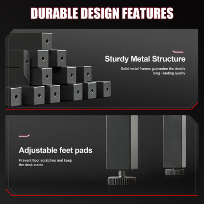 GTRACING 55 Inch Gaming Desk with LED Lights, Large Computer Desk with Mouse Pad for Home Office, T-Shaped Carbon Fibre Surface PC Game Workstations with Headphone Hook