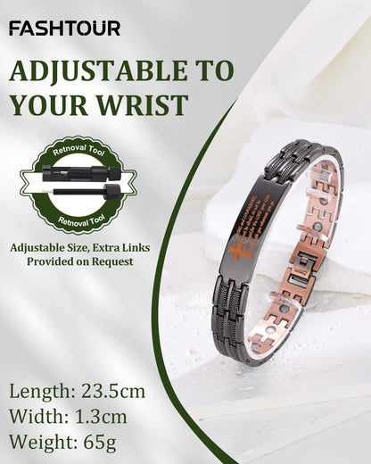 Fashtour Copper Cross Bracelet for Men, Ultra Strength Magnetic Jewelry, Rice-Ear Design Adjustable Copper Biblical Cross Bracelet with Sizing Tool & Box (Black-Joshua 1:9)