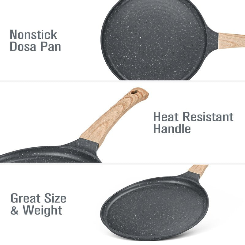 SouxMux Nonstick 11-Inch Crepe Pan with Spreader, Ceramic Coated Dosa Tawa Pan, Induction Compatible Flat Skillet for Pancakes, Omelettes, and More with Cool Handle, PFOA Free