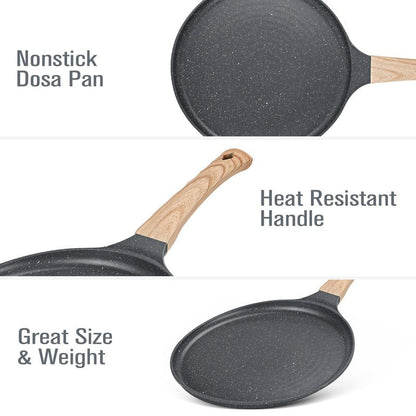 SouxMux Nonstick 11-Inch Crepe Pan with Spreader, Ceramic Coated Dosa Tawa Pan, Induction Compatible Flat Skillet for Pancakes, Omelettes, and More with Cool Handle, PFOA Free