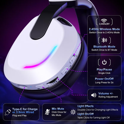 YPBDAN Wireless Gaming Headset for PS5 PS4 PC Switch Mac - RGB Over-Ear Headphones with Noise Cancelling Mic, 60H Playtime, 7.1 Surround Sound, Bluetooth 5.4 & Memory Foam Ear Cushions