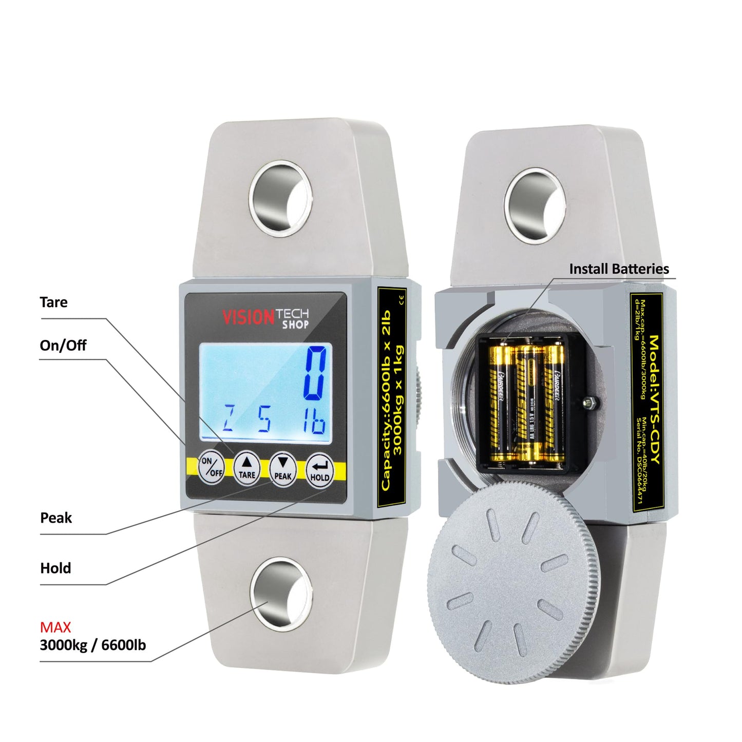 VisionTechShop Crane Scale, Dynamometer for Force, Tension and Weight, VTS-CDY 6600lb/3000kg Lb/Kg Switchable, Heavy Duty Compact Hanging Scale, LCD Display with Backlight, 2 Shackles