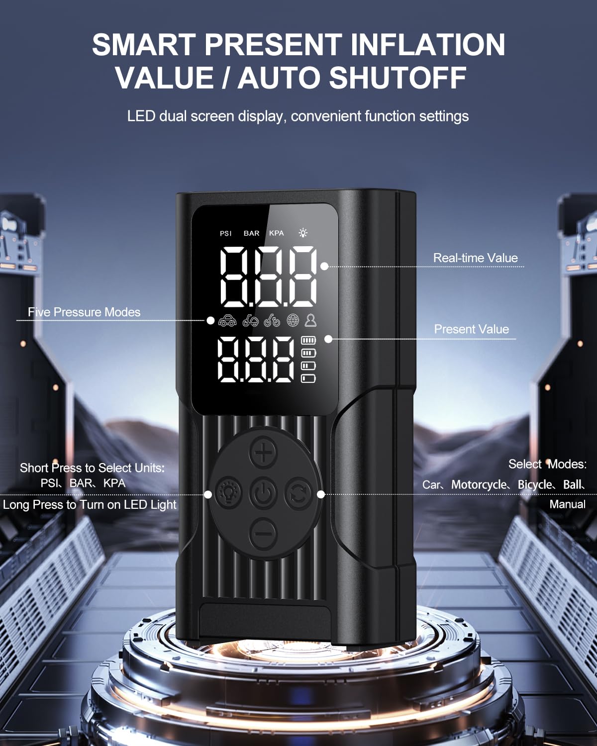 QQVVKK Tire Inflator Portable Air Compressor - 150PSI Cordless Air Pump for Car Tires, 3X Faster Electric Bike Pump with Digital Gauge & Auto Shut Off, LED Light, Power Bank