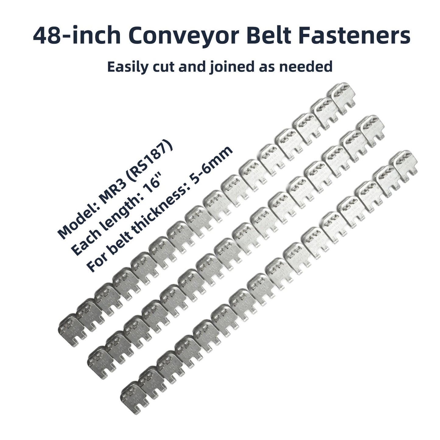 48'' Stainless Steel Conveyor Belt Fasteners Clips with 27.5'' Hinge Pin - for Industrial Conveyor Belt Staple Lacing, Suitable for Belt Thickness of 5-6mm - Split into 3 Equal Sections