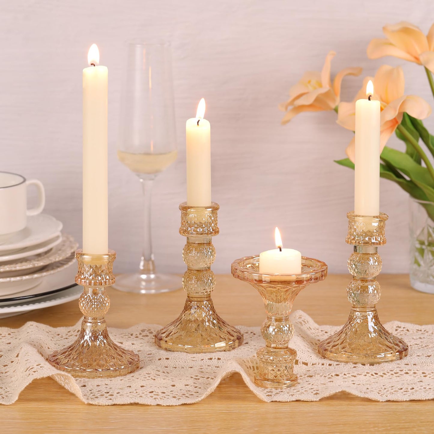 DARJEN Gold Glass Candlestick Holders Set of 6, 4" H & 5" H Taper Candle Holders for Candlesticks & Pillar Candles, Diamond Candle Holders for Wedding Party Table Centerpiece, Home Decor