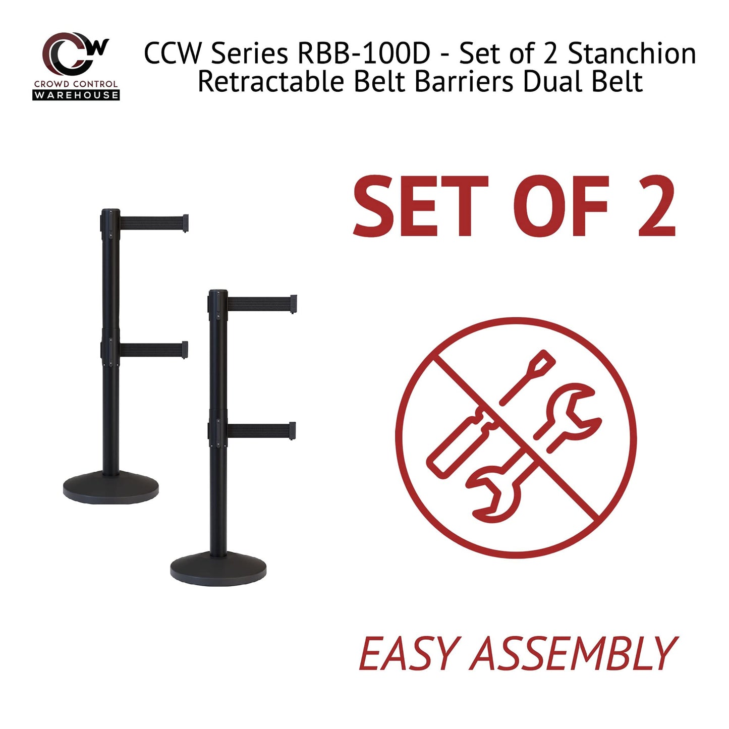 CCW Series RBB-100D - Set of 2 Stanchion Retractable Belt Barriers Dual Belt - Easy to Assemble, No Tools Required (11 Foot Belt, Black Belt with Black Post)
