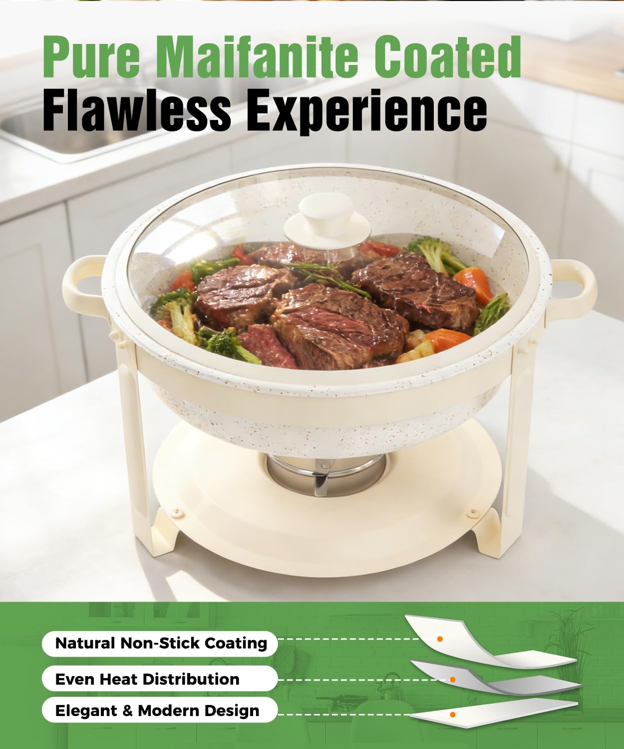 IMACONE Chafing Dishes for Buffet, 4 Pack 6QT White Chafing Dish Buffet Set, Maifanite-Coated Stainless Steel Chafer Set with Glass Lid, Rolled Edge Buffet Warmers for Parties, Weddings & Catering