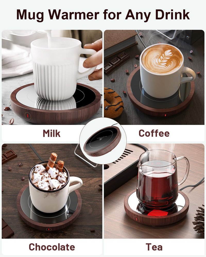 SWEETFULL Coffee Mug Warmer, 36W Electric Cup Warmer for Desk with 3-Temp Settings Advanced Temperature-Controlled Heating Coffee Gifts Accessories for Women Men Milk, Tea, Candle - Wood