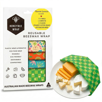 Honeybee Beeswax Wraps - Cheese Lovers Assorted Pack - Certified Organic Cotton Reusable Beeswax Wraps for Food - Plastic Wrap & Sandwich Bags Alternative - 4 Pack - Small, Medium & Large