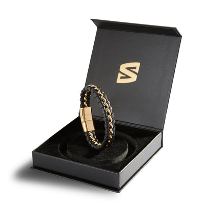 SERASAR 8″ Gold Leather Bracelets for Men Mens Cowhide Gift Box Braided Bracelet Stainless Steel Jewelry Wrist Band Cuff Wrap Rope Bangle Dad Man Pulseras para Hombres Cuero Regalo